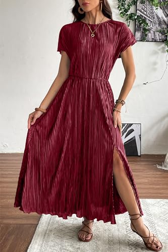 Image of CCTOO Womens Summer Maxi Dresses: Casual Short Sleeve Crewneck Slit Sundress Ruffle Pleated Long Flowy Party Cocktail Dress