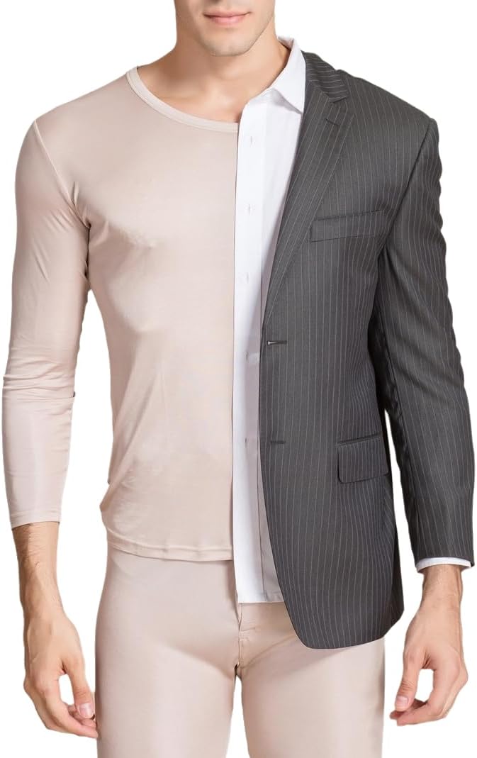 Men Silk Thermal Shirts Underwear Mulberry Silk Long Johns Top Scoop Neck Long Sleeve Base Layer Undershirts Blouse