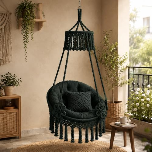 Image of Premium King Size Hammock Chair Swing with Cushion, 200kg Capacity | Indoor Outdoor Heavy Duty Adults & Kids Hanging Jhula for Home, Garden, Patio & Balcony | 1Yr Warranty (Bottle Green)