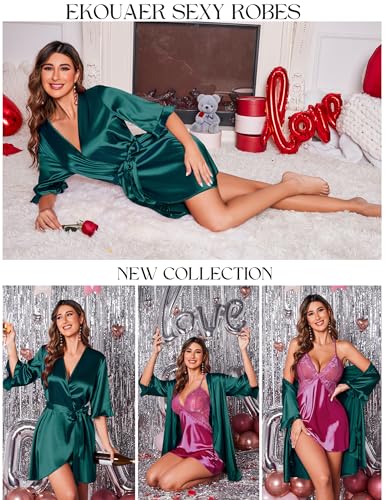 Image of Ekouaer Women's Satin Robe Valentines Lingerie for Women Kimono Bathrobe Short Ruffle Belted Robes Bridesmaids Sleepwear