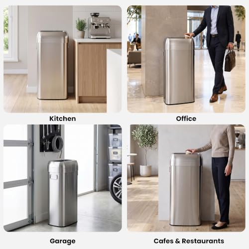 Image of iTouchless 30 Gallon 114L Oval Open Top Stainless Steel Extra-Large Commercial Trash Can with Wheels, 2 AbsorbX Odor Filters | ADA Compliant Bin for Restaurant Restroom Hotel Office Healthcare Retail