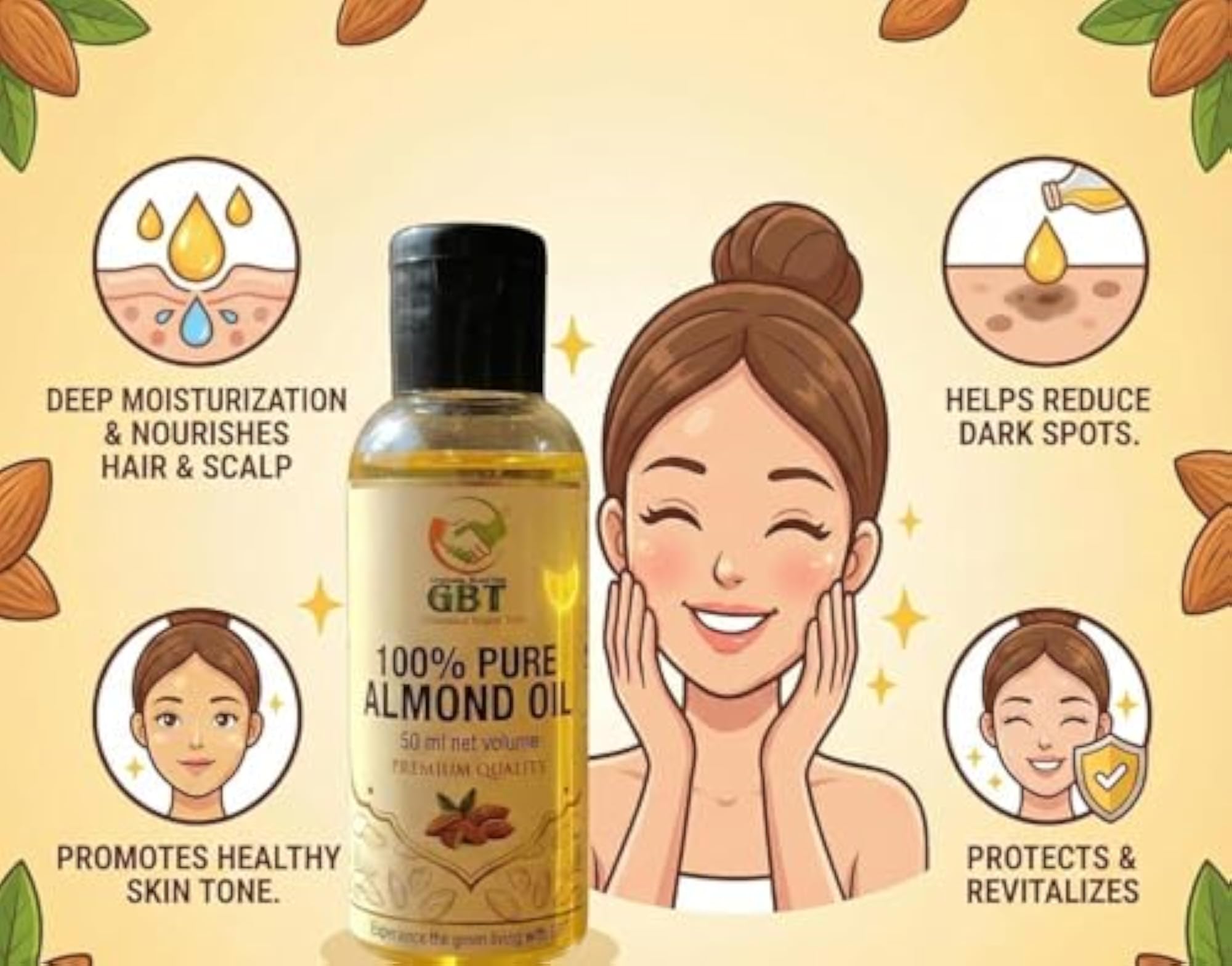 100% Pure Almond Oil for Hair and Skin, Deep Moisturization