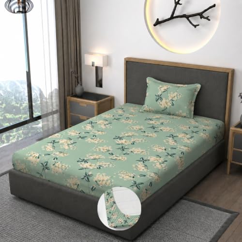 Image of Vaini Premium Heavy Cotton Elastic Fitted Bedsheets with 1 King Size Pillow Covers || Single Bed with All Around Elastic 350 TC || 36 x 78 x 6 Inch Single Size Fitted || :- Pista Green