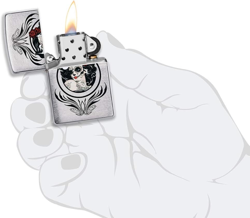 Zippo Day of The Dead Girl Design Brushed Chrome Pocket Lighter, One Size