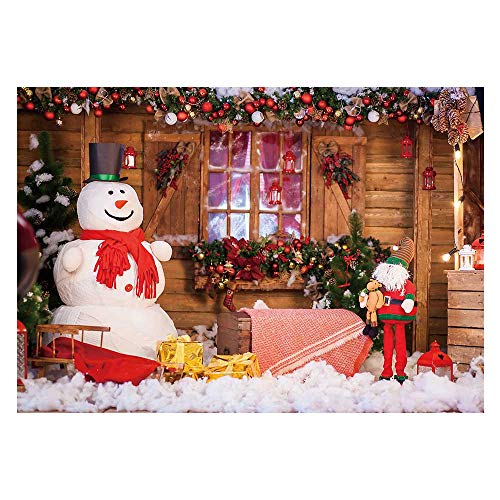 Funnytree 7X5ft Winter Christmas Snowman Photography Backdrop Xmas Snow Wood Cabin Cottage Decorations Background Baby Portrait Photobooth Banner Photo Studio Props