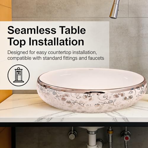 Image of Wallace Oval Table Top Wash Basin 60x40x15 cm | Premium Ceramic Countertop Vessel Sink with Silver Floral Design | Over Counter Designer Bathroom Basin