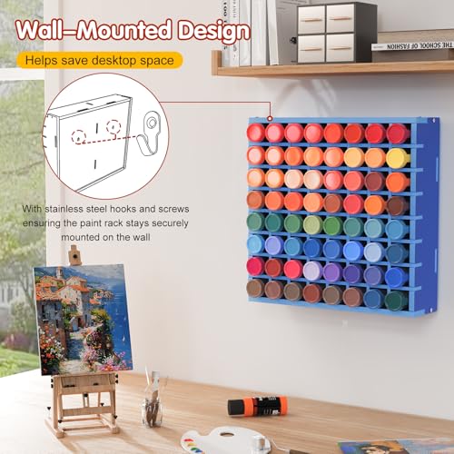 Image of Krafetto 64 Grids Craft Paint Storage Organizer, Wall-mountable Paints Holder, Stackable Paint Bottle Rack Stand for 2oz Craft Paints, Blue