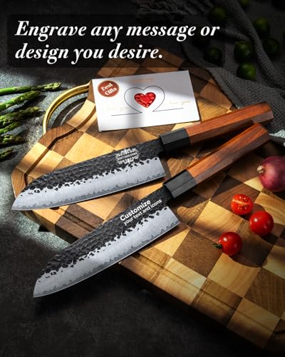 Image of FAMCUTE Engraved 7'' Japanese Santoku Knife, Hand Forged 5-Layer Steel Chef'Knife with Rosewood Handle, Memorial Gifts for husband, Ultra Sharp Kitchen Knife for Dad Birthday Gift (Luxury Wood Box)