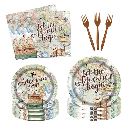 Fitumiw 96Pcs Adventure Awaits Party Tableware Supplies Let The Adventure Begin Plates and Napkins World Map Travel Themed Party Set Baby Shower Decorations Serve 24 Guests