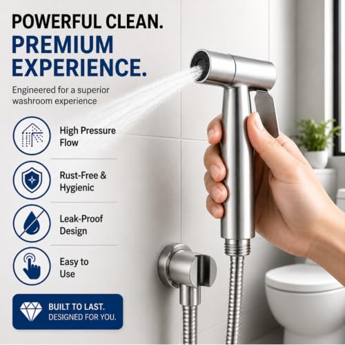 Image of Health Faucet Stainless Steel Jet Spray Gun for Toilet | Silver & Copper Ion Shield Kills 99% Germs | Leak-Proof Bathroom Health Faucet 1 Year Warranty (Jet Spray)