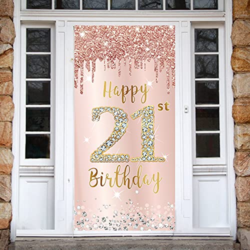 Image of Happy 21st Birthday Door Banner Backdrop Decorations for Women, Pink Rose Gold 21 Birthday Party Door Cover Sign Supplies, 21 Year Old Bday Poster Background Photo Booth Props Decor