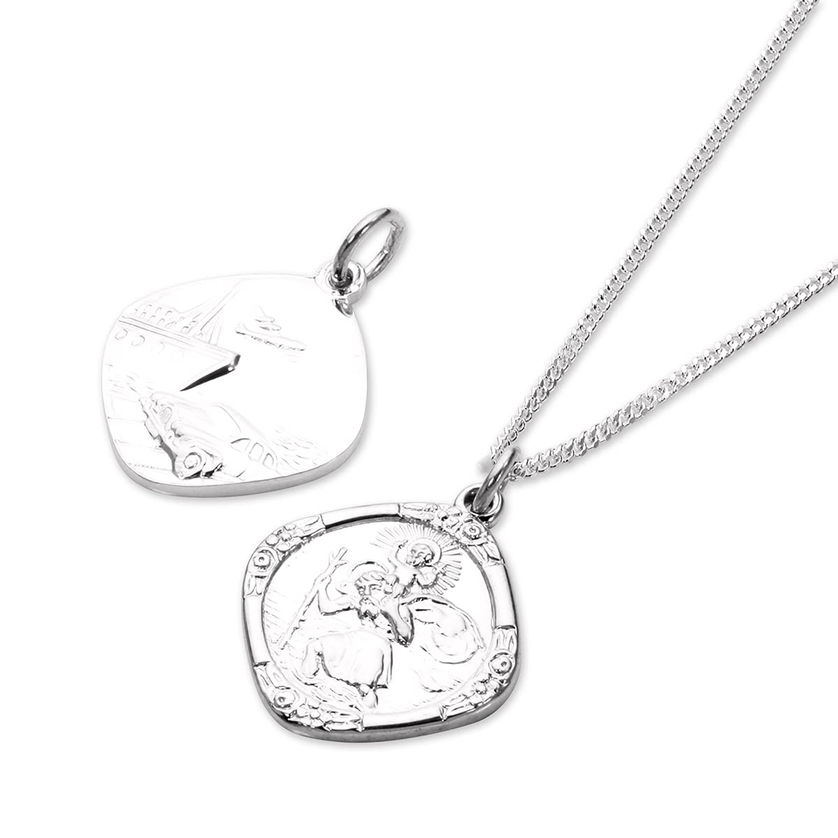 Medaglia quadrata double-face con San Cristoforo in argento Sterling e collanina di 55,8cm