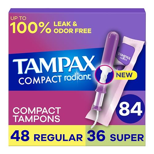 Tampax Pocket Radiant Compact Tampons Duo Pack, Regular/Super Absorbencia con aplicador de plástico sin BPA y trenzado LeakGuard, sin perfume, 28 unidades x 3 paquetes (84 unidades en total)