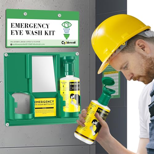 CGOLDENWALL Newly Released Portable Eye Wash Station OSHA Approved Emergency Eye Wash Kit Wall Mounted, Upgraded Bottle Holder&amp;Larger Mirror, 16.9oz Bottles, NO Solution (Green Cap)