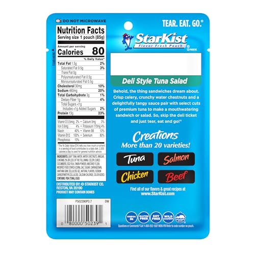 Image of StarKist Tuna Creations Deli Style Tuna Salad, 3oz Pouch, 1-Pack | 13g Protein Per Serving, Wild Caught, Shelf Stable Seafood, Gluten Free, Soy Free, No Draining, Ready to Eat for Salads