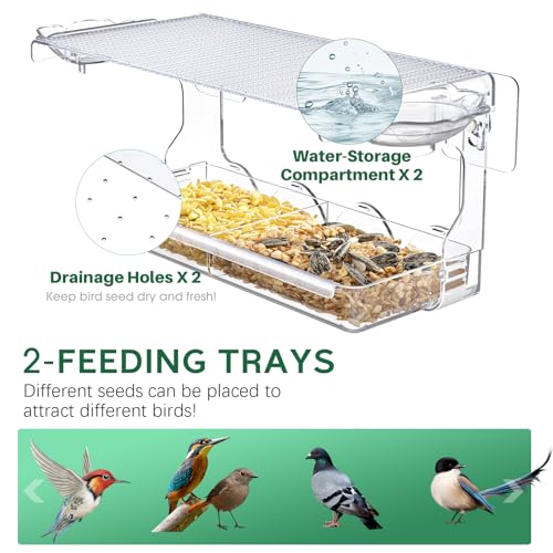 Image of SUNALLY Window Bird Feeder for Outdoors, Clear Wild Bird Feeders Window Mounted with Self-Adhesive Hooks, Outside Hummingbird, burd, Oriole, Finch Bird Watching for Garden, Yard, Elderly Kids Viewing