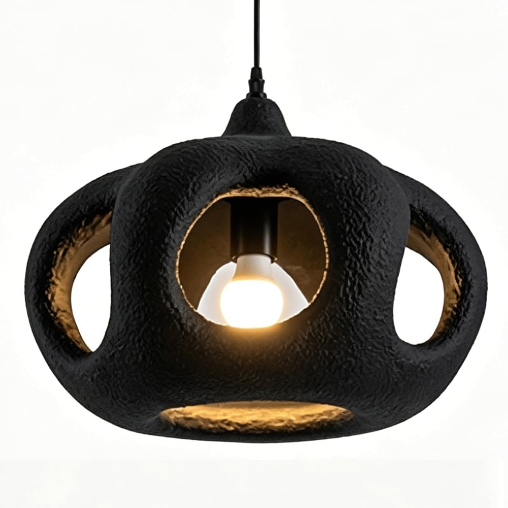ESIYUVO 15.7in Retro Industrial Pendant Light Hollow Rock Shaped Hanging Lamp High-Density Polystyrene Metal Lighting Fixture 47.2in Adjustable Cord Single Head Chandelier E27 for Bedside Guesthouse