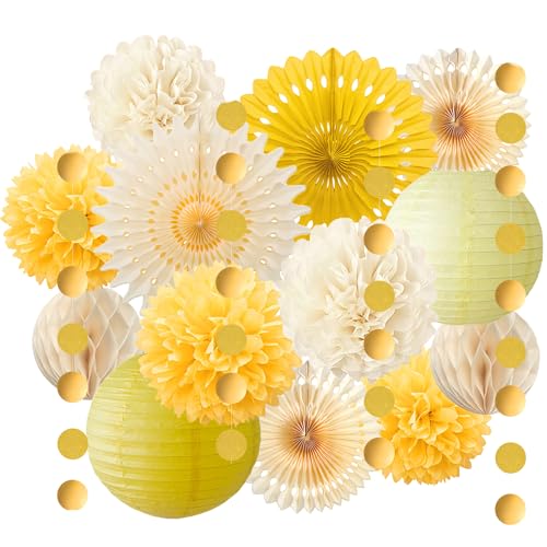 Décorations de fête jaunes et crème en papier - Lanternes en papier - Pompons fleurs pour fête prénatale, anniversaire, mariage, fiançailles