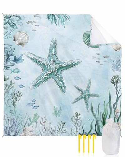Beach Blanket Sandproof Waterproof Picnic Blankets Nautical Teal Starfish Fish Shell Extra Large Lightweight Outdoor Beach Mat with Corner Pockets for Travel/Camping/Hiking Seaside Coral Seaweed