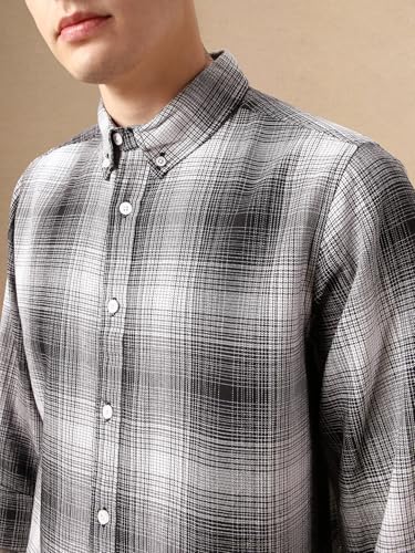 Image of Dennis Lingo Men Black 100% Cotton Full Sleeve Button Down Collar Checks Shirts