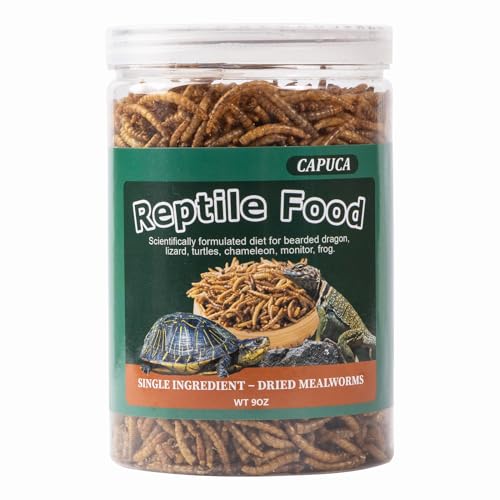 capuca Dried Mealworm for Reptiles - High Protein Reptile Food for Bearded Dragons Turtles, Geckos, Snakes, Frogs Chickens, Birds, Hamsters & Hedgehogs（9oz）