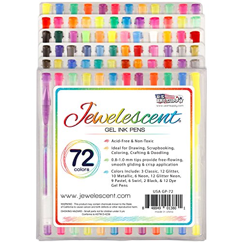 US Art Supply Jewelescent 72 Color Gel Pen Set- Professional Artist Quality Gel Ink Pens in Vibrant Colors - Classic, Glitter, Metallic, Neon, Pastel, Swirl and Dye Colors 100% Satisfaction Guarantee