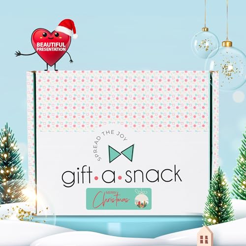 Image of Gift A Snack - Christmas Candy Stocking Stuffers, Pre-filled Holiday Snack Box Care Package + Greeting Card (60 Count) Sweet Treats Gift Basket, Candies Chips Office Food Assortments