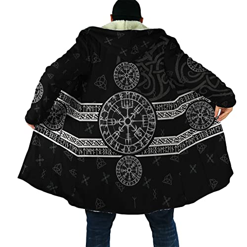 Viking Amulet Totem Winter Lamb's Fleece Warm Cape Aegishjalmur Tattoo Mid-length Casual Hooded Jacket Outdoor Coats (Color : Vegvisir Coat of Arms, Size : X-Large)