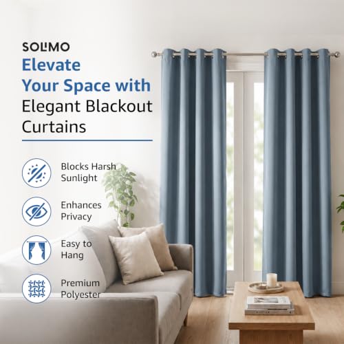 Image of Amazon Brand - Solimo Polyester 100% Blackout Plain Window Curtains|100% Blackout Window Curtains| 8 Feet |Set of 2| Plain Design |Blackout| for Living Room Kids Room and Bedroom | Color- Denim Blue