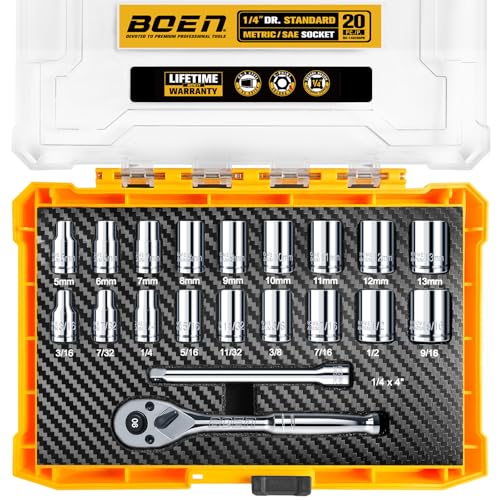 BOEN 20-Piece 1/4' Drive Shallow Socket Set, SAE(3/16-9/16 inch) & Metric(5-13 mm) Standard Sockets, 6-Point Design, Includes 90-Tooth Ratchet Wrench, 4' Extension Bar, CR-V, Stacking PP Storage Box