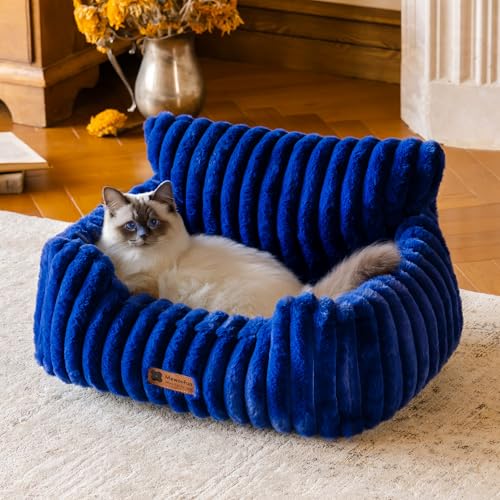 MEWOOFUN Hundesofabett - Katzenbetten für Hauskatzen Weich und Flauschig, Katzensofabett Kleines Hundebett für Hunde und Katzen, Beruhigendes Hundebett (Marineblau, 61x48x30cm)