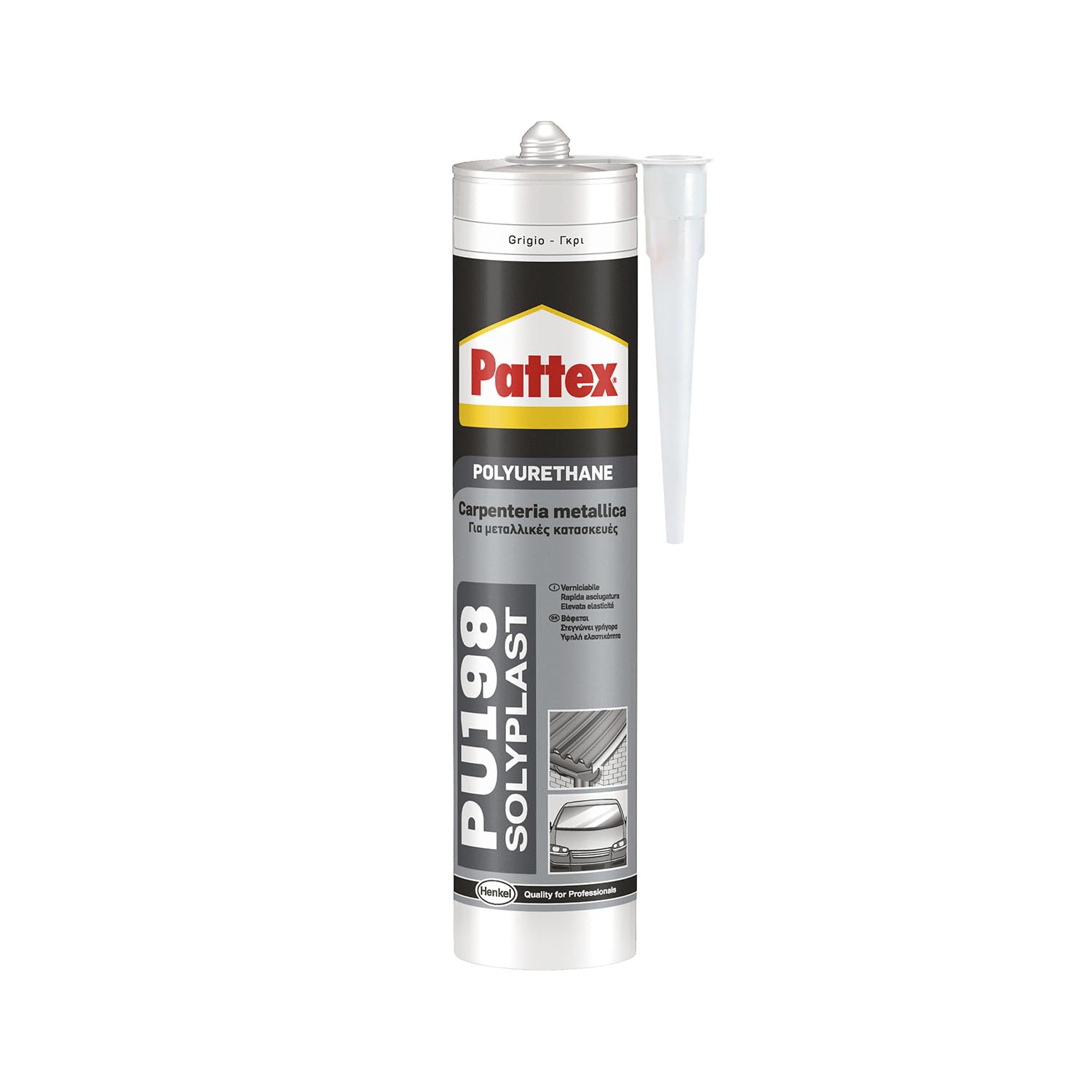 Pattex PU 198, Silicone sigillante verniciabile ad alta elasticità, Sigillante poliuretanico grigio per carrozzeria auto e barche, Colla poliuretanica ad asciugatura rapida, 1 cartuccia da 310 ml