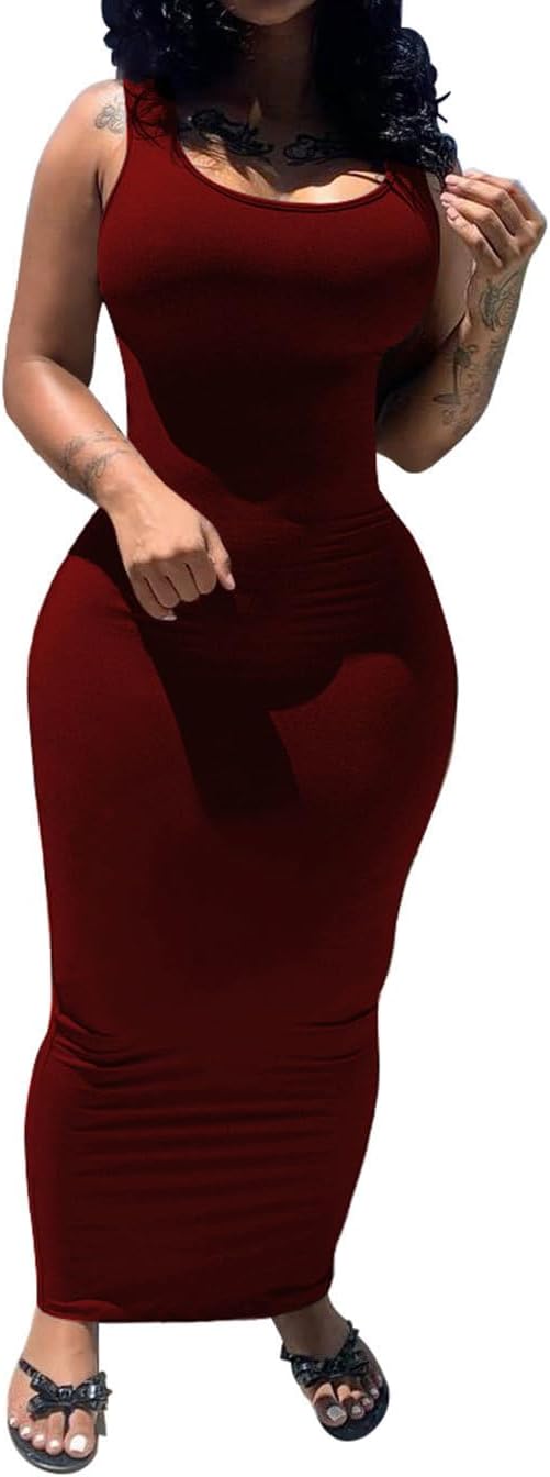 PINSV Women's Sexy Bodycon Tank Dress Basic Sleeveless Long Maxi Dresses Party Club Beach Sundresses