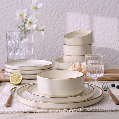 Image of Famiware Nebula Plates and Bowls Sets, 24 Pieces Stoneware Dinnerware Sets, Microwave and Dishwasher Safe Dish Set, Dishware Sets for 8, Vanilla White with Brown Rim