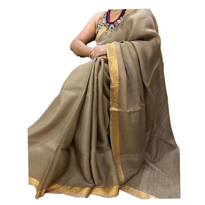 Women's Kota Doriya Ghicha Pallu Art Silk Steple Mini Self Check Saree Plane Gold Zari Border With Running Blouse-image-23