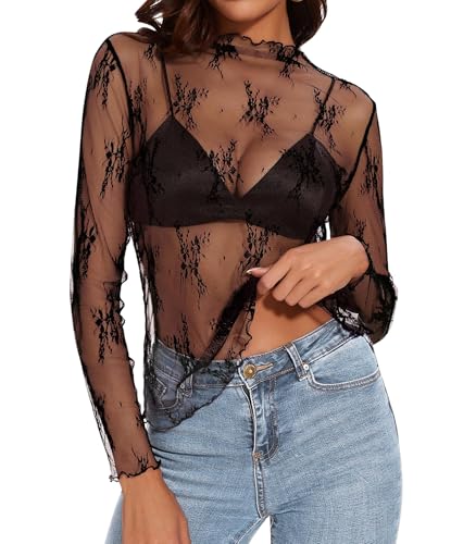 ETOSELL Womens Lace Mesh Long Sleeve Tops Floral Sheer See Through