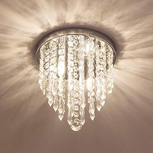 CRYSTA WORLD Modern K9 Crystal Raindrop Chandelier Lighting Round Flush Mount LED Ceiling Light Fixture Pendant Lamp- White