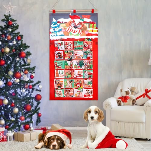 HOWAF Hund Adventskalender zum Befüllen, Hund Weihnachtskalender 2025 Advent Calendar zum Aufhängen aus Stoff für Weihnachtsdeko, mit 24 Taschen 10x10cm