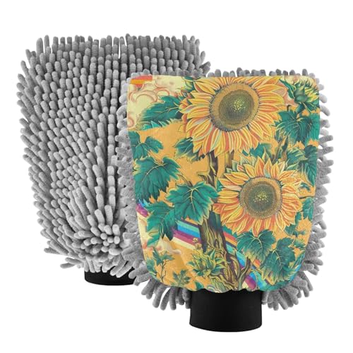 IOACIY Absorbent Microfiber Car Wash Drying Mitts, 2 Pack, Scratch-Free & Lint-Free, Rich Foam, Highly Absorbent, Double Sided, Wash Mitt Perfect for Car Washing, L, Sunflower (2)