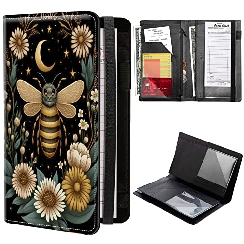 Bee Flower Server Books for Waitress, PU Leather Waitress Book Server Wallet with Elastic Bandage Closure, Organizer with Zipper Pocket 11 Money Pocket Fit Server Apron