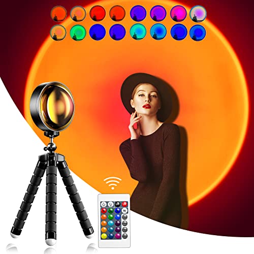 Miifuny Sunset Lamp Projection, 16 Colors Changing Sunset Lamp Projector Rainbow Night Light With Remote Control, 360 Degree Rotation Romantic Sunset Light For Photography/Living Room/Bedroom Decor #TOP23