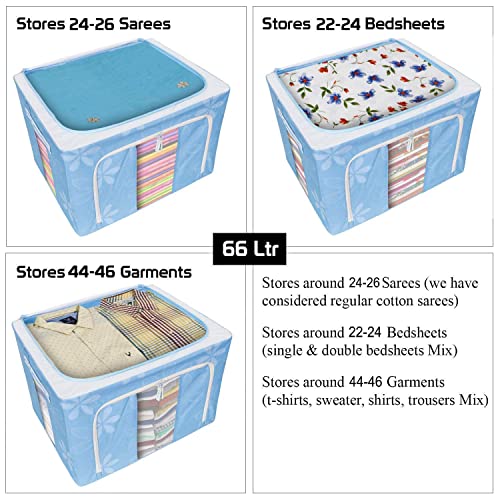 Image of TEKCOOL Foldable Steel Frame Clothes Organizer Storage Box for Wardrobe, Saree, Shirts, and Blankets (66 Ltr - Pack of 1, Oxford Fabric).