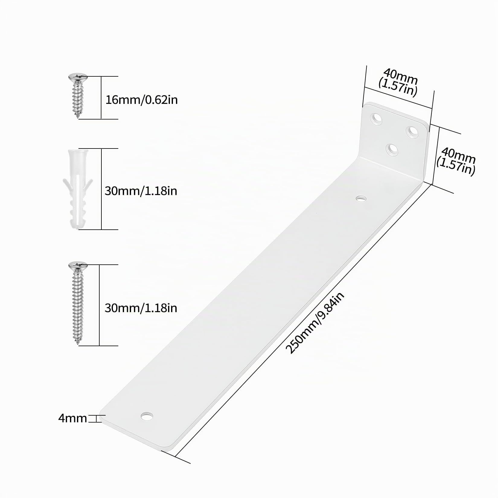 4 Pcs Soporte Estanteria Pared Blanco, 250mm Soporte Baldas Pared Metalica, Soportes para Estanterías,Soportes Flotantes para Estantes, Escuadras para Estanterias, Soporte para Baldas de Madera