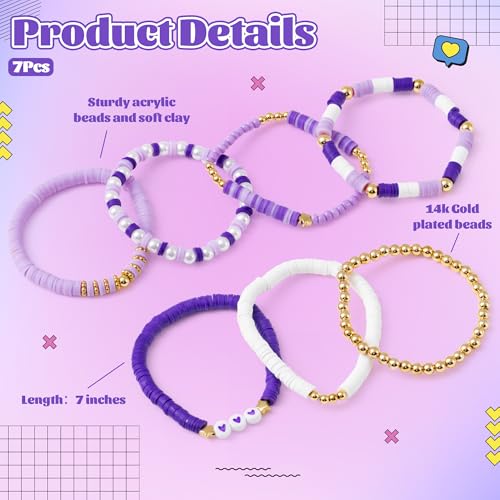 Y1tvei Purple Heishi Bead Bracelets - 7Pcs Purple Clay Bead Surfer Bracelet Set Stackable Gold Plated Stretch Bracelet Boho Layering Summer Beach Jewelry Friendship Bracelet for Women Girls2