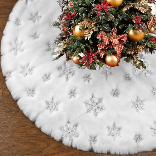 Manta redonda para árbol de Navidad, 90 cm, color blanco, de felpa, faldas para árbol de Navidad, copos de nieve, faldas para árbol de Navidad, faldas para árbol de Navidad