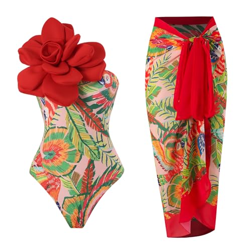 Women One-Piece Swimsuit with Cover up Wrap Skirt Sarong Bathing Suit Beach Outfit Summer