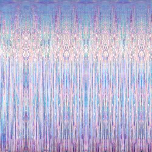 Image of GOER 3.2 ft x 6.5 ft Metallic Tinsel Foil Fringe Curtains Party Photo Backdrop Party Streamers for Mermaid Birthday Party Decorations(1 Pack,Iridescent)
