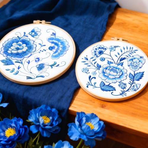 Image of BEUNITONE 4 Set Embroidery Kit for Beginners, Blue Flower Cross Stitch Kits, Needlepoint Kits for Adults with Instructions and Full Kit, Classical Hand Embroidery Patterns for Cloth and Home Decor