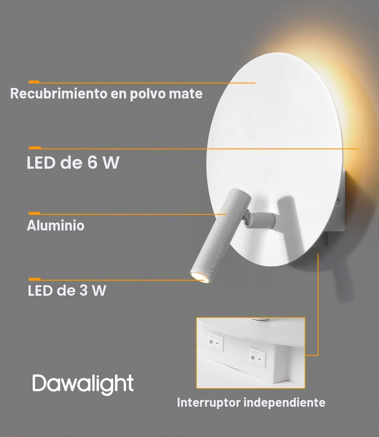 DAWALIGHT Aplique de Lectura de Pared con Interruptor, 6W LED + 3W Foco Lectura Ajustable, 3000K Blanco Cálido, Aluminio Blanco - Ideal para Dormitorio, Escaleras