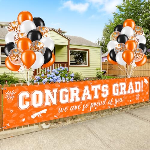 Image of 37Pcs Graduation Banner Balloon Decorations Class of 2026, Congrats Grad Banner Yard Outdoor Decorations, Graduation Banner Set for High School College Graduation Party Supplies, Orange